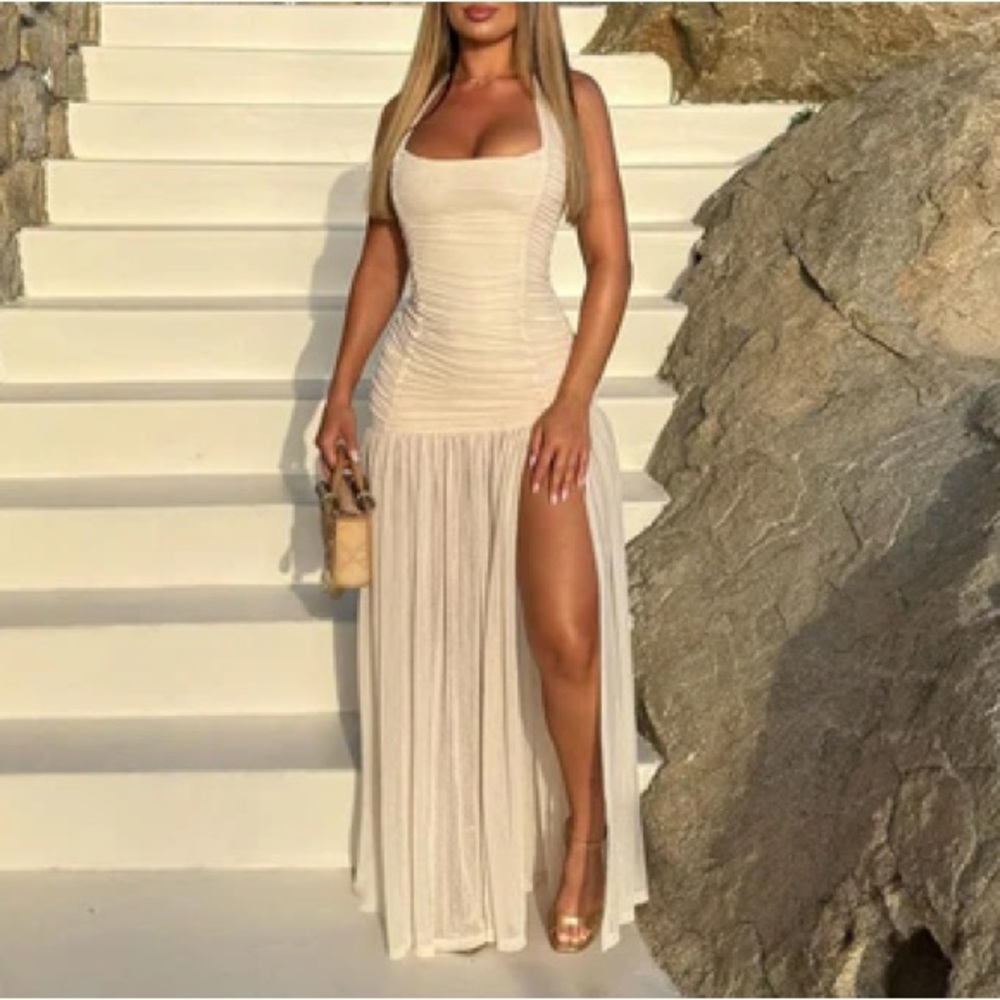 NEW Ivory Ruched Mesh Maxi Dress with High Slit